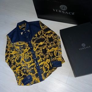 Versace Cowboy Carter Silk & Denim Long-sleeved Shirt Blue Gold Baroque Button